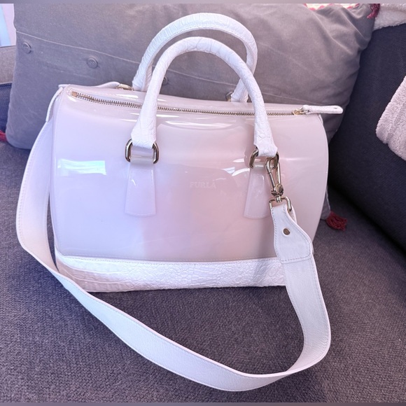 Furla Handbags - SOLD - FURLA Satchel ‘Boston’ Bag Leather & Rubber w/Gold Accents & Dust Bag EUC